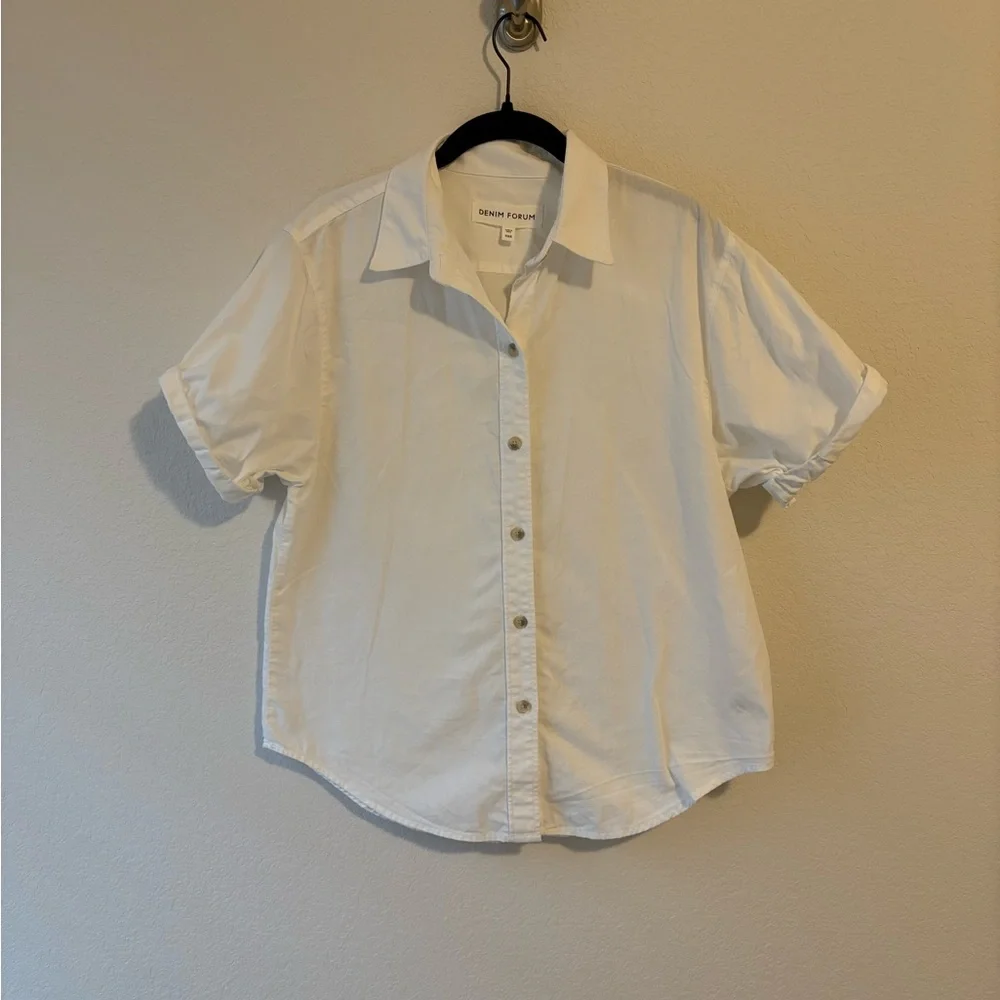 Aritzia Denim Forum 100% Cotton Jane short sleeve Oversized White button - Picture 2 of 6